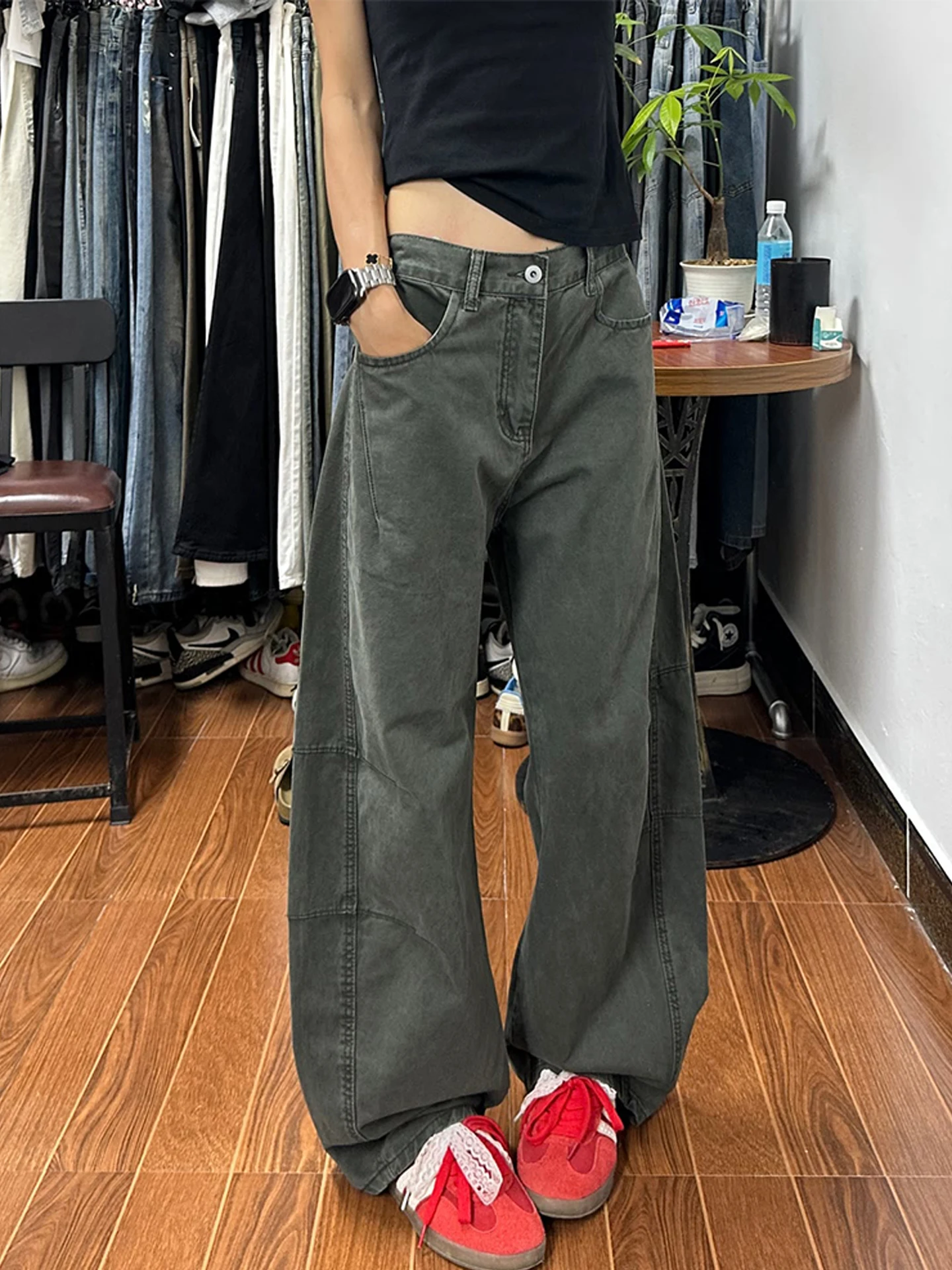 

Мужские широкие брюки в стиле милитари, прямые джинсы-карго в стиле ретро, повседневные брюки с легким клешем, зауженные прямые брюки-трубы