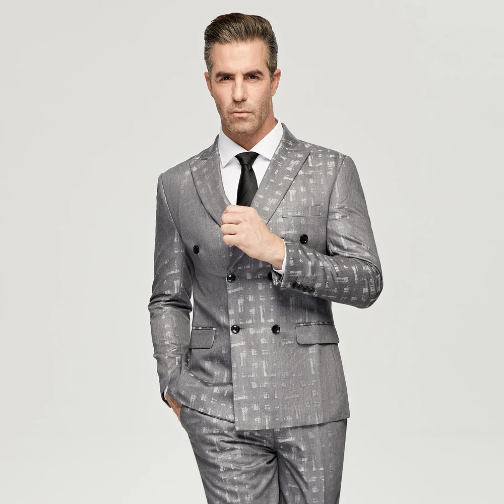 Men\'s  Grey Jacquard Suits 2023 Casual Double Breasted 6 Buttons Wedding Grooms Wear (Jacket+Pants) Formal Prom Dinner Suits