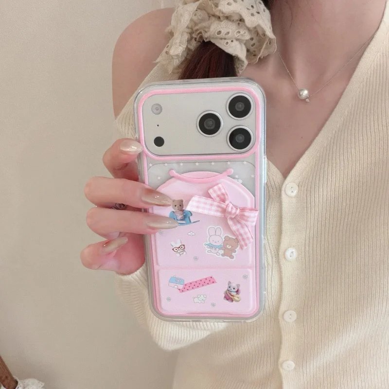 

Kawaii Star Bear Rabbit Phone Case For iPhone 17 16 Pro Max 14 15 Pro Cover with Leather Foldable Stand Cute Cartoon Protective