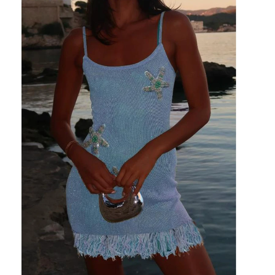 Mini abito da donna lavorato a maglia con canotta sottile con perline stella marina scollo rotondo cinturino per spaghetti orlo con nappa abito aderente per i viaggi quotidiani