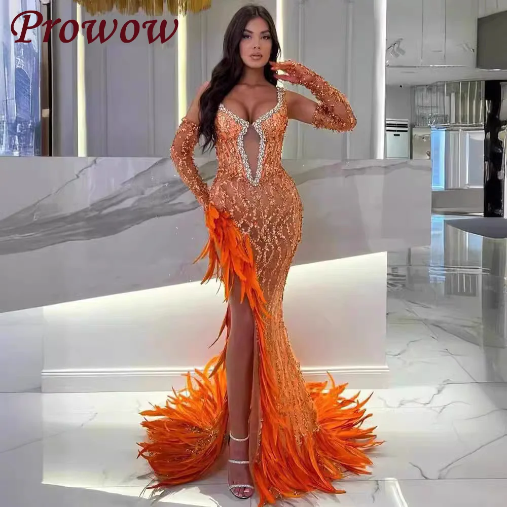 

Prowow Sexy V Neck Mermaid Prom Dress Feathers Sequins Evening Gown with Gloves Floor-Length Customized Empire Waist Dress