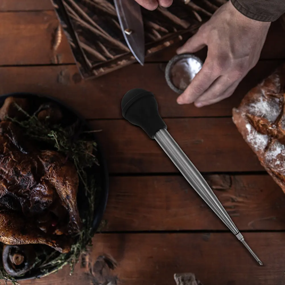 Inyector de carne de acero inoxidable, bomba de salsa para pavo, cabezal flexible, cómodo para presionar, inyector de marinada para barbacoa, para sazonar