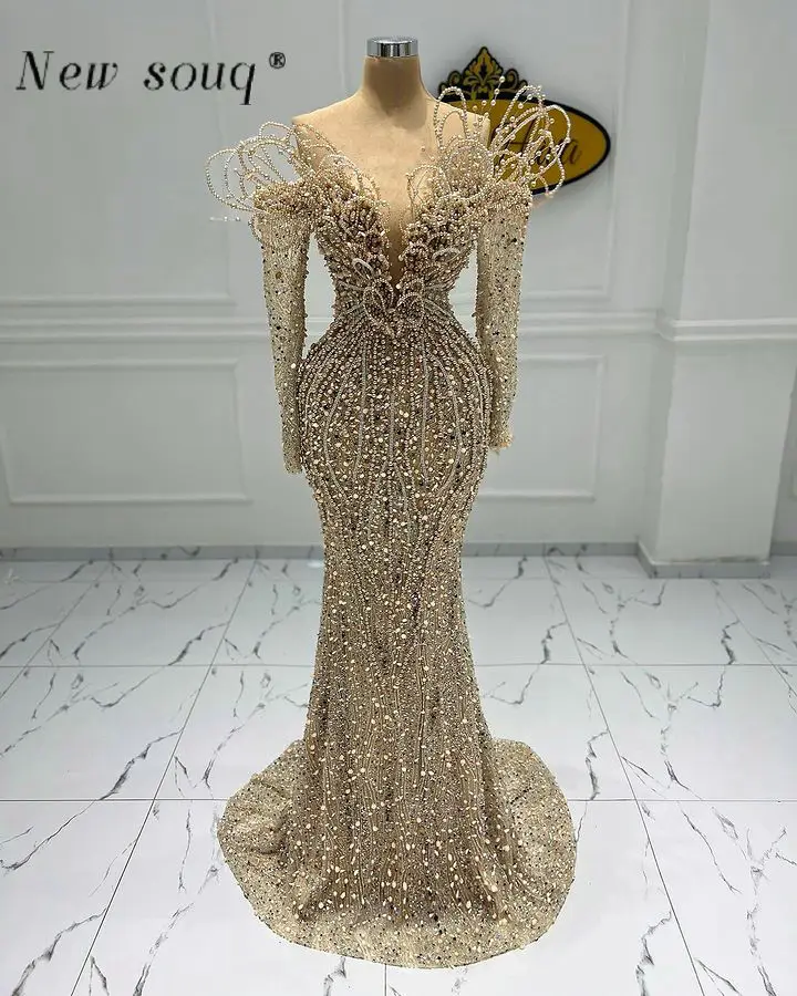 

Арабское шампанское, роскошные жемчужные вечерние платья с открытыми плечами и бисером, 2024, блестящие великолепные вечерние платья для официальных мероприятий для женщин