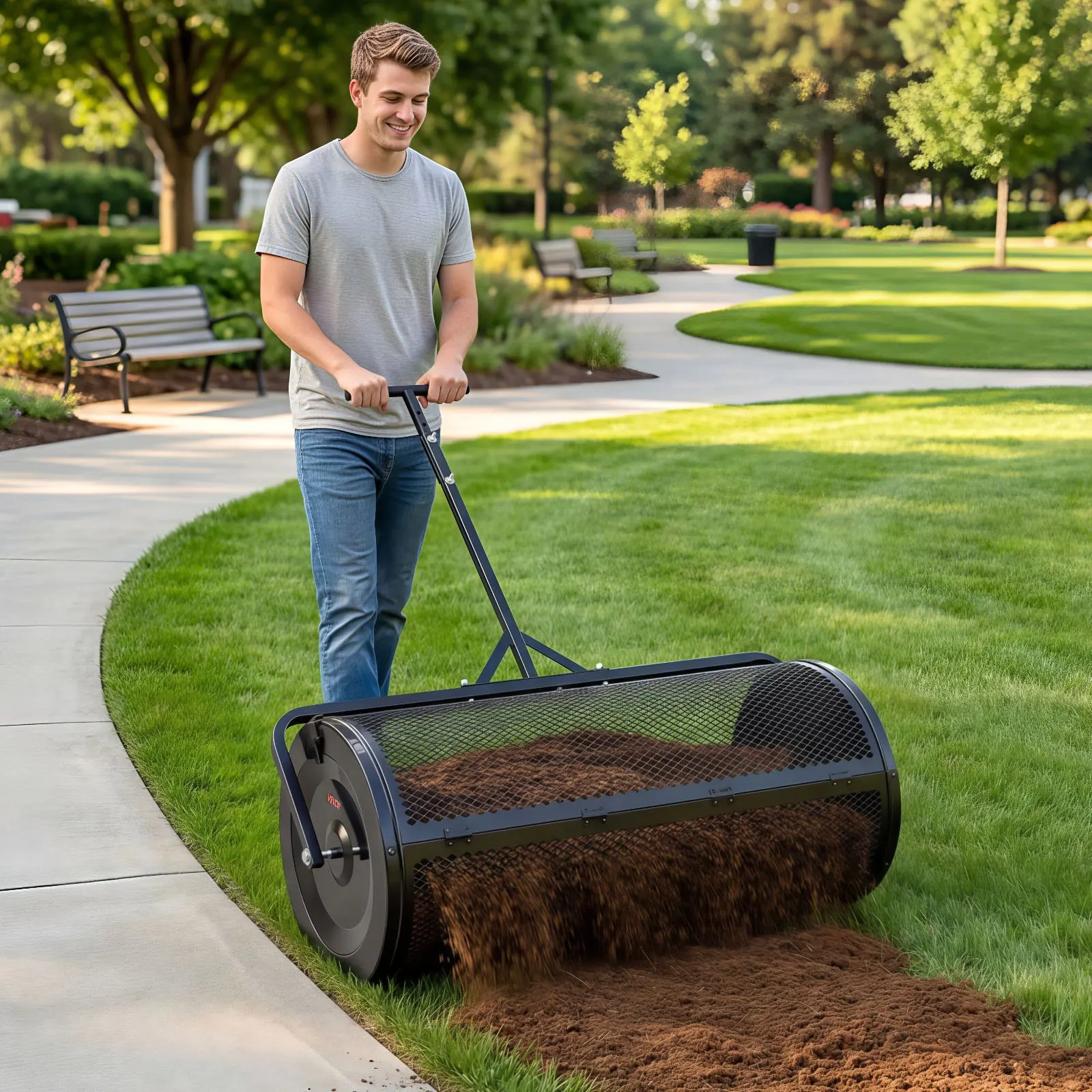 

Compost Spreader, 44" Wide Peat Moss Spreader with Push/Tow Handle, 4 Heights Adjustable, Powder-Coated Steel Garden Peat Mos