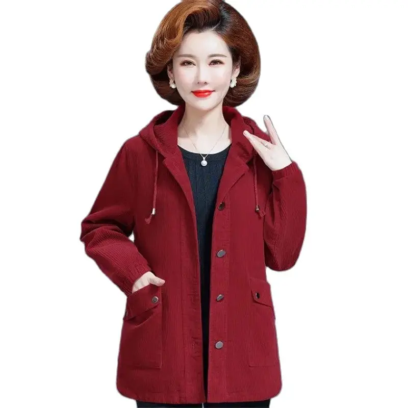 

Autumn Winter Corduroy Coat Women 2023 New Loose Hooded Jacket Pure Colour Fashion Outerwear Single-Breasted Overcoat Female