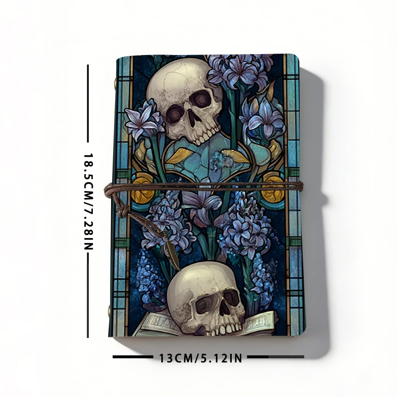 Gotisches Totenkopf-Notizbuch mit Buntglas-Effekt, Dark Academia Blumen-Notizbuch, Hexen-Grimoire-Tagebuch, Vintage Nachfüllbares Leder-Notizbuch als Geschenk – Detail 6