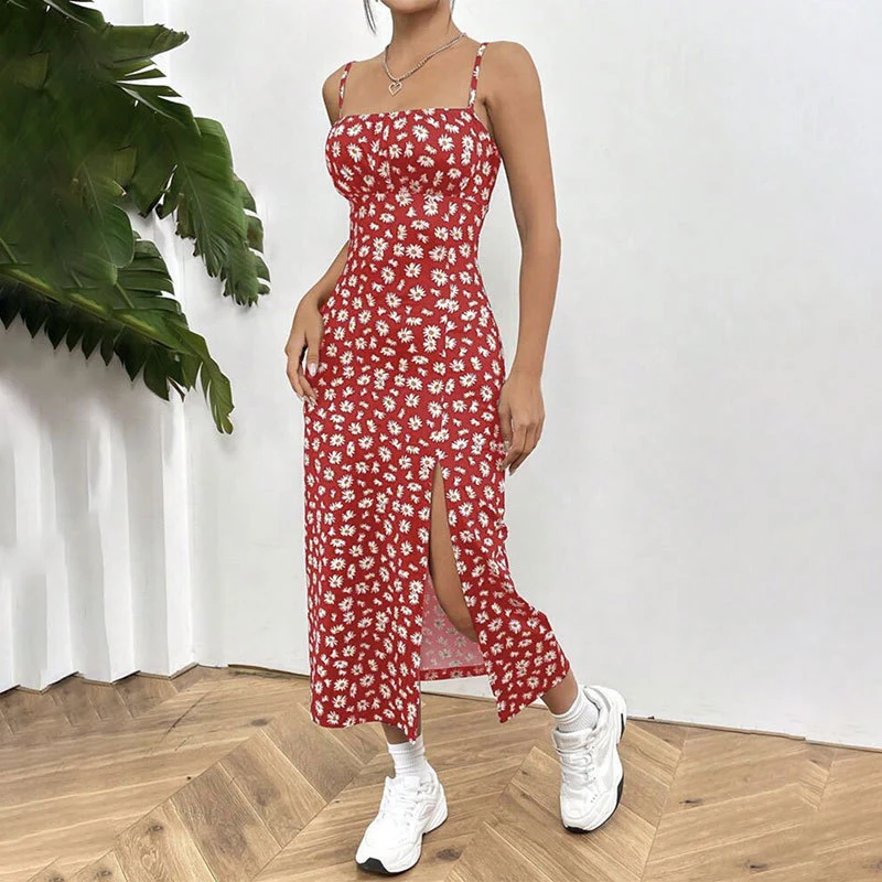 ใหม่ Fragmented ดอกไม้ชุดผู้หญิงฤดูร้อน 2025 เซ็กซี่ Slim สปาเก็ตตี้ชุดเดรสผู้หญิงด้านข้าง Bodycon ชุดหญิง