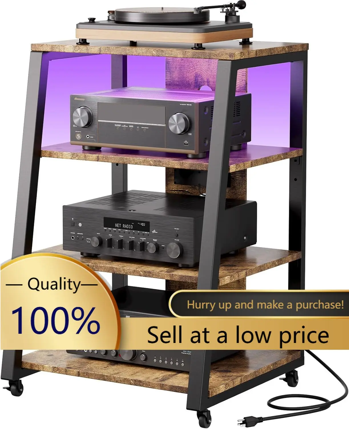 

4 Tier AV Media Stand with Power Outlets, Stereo Racks with LED Lights, Wheels and Adjustable Shelves for Record Player, Rolling