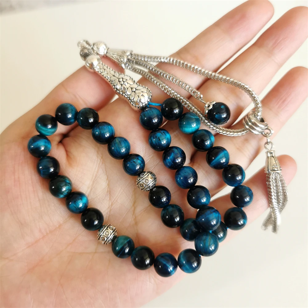 Natural stone tasbih Muslim prayer beads blue tiger eye rosary misbaha Gift islam Jewelry Saudi arabia Fashion tesbih masbah