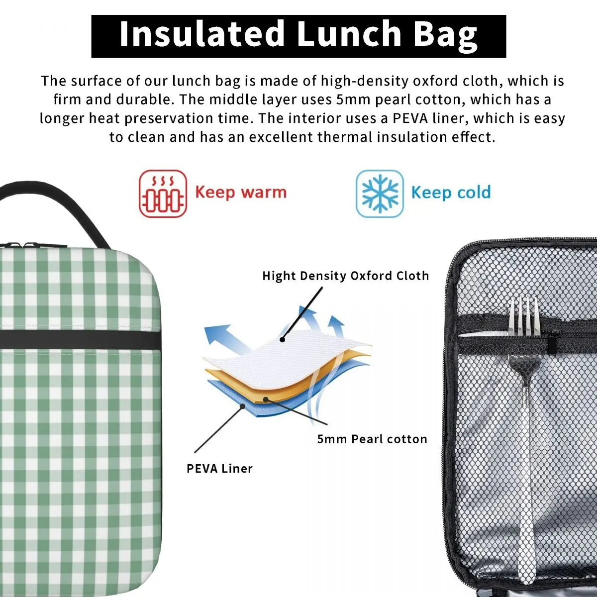 Moss Green Mini Gingham Check Plaid Insulated Lunch Bags for Women Geometric Portable Thermal Cooler Food Lunch Box School