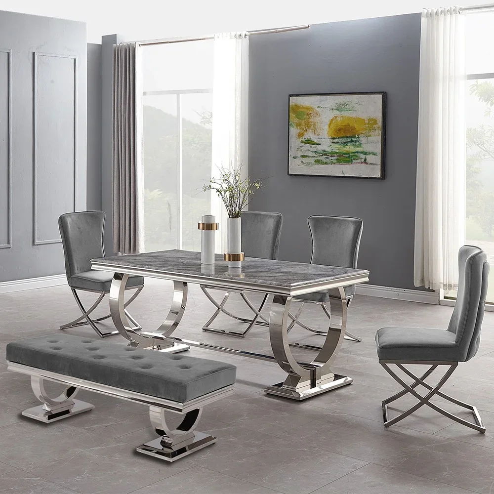أثاث منزلي حديث أطقم طاولات غرفة الطعام طاولة طعام رخامية من الفولاذ المقاوم للصدأ