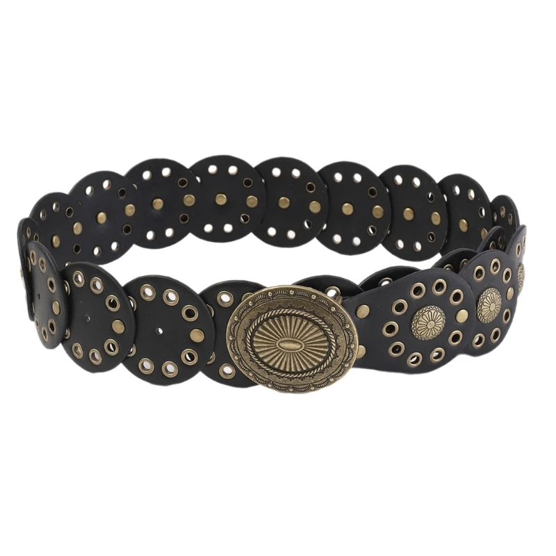 

Wear Resistant Waist Belt with Round Disc Buckle Adult Motorcycle PU Waist Belts for Women Coat Dress Adjustable Length