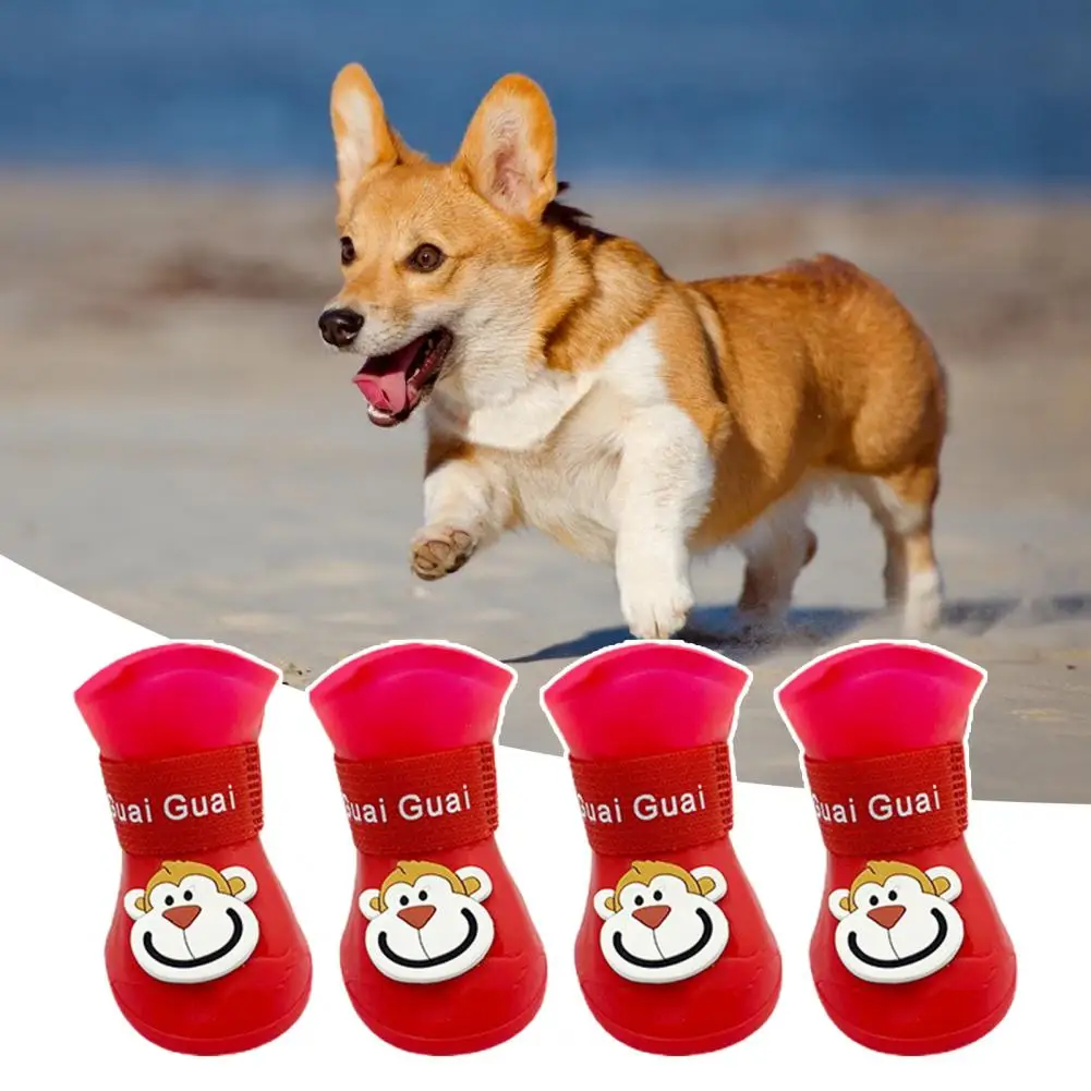 4Pcs Stylish Pet Boots Convenient Anti-Slip Lovely Cartoon Patter Bright Color Pet Rain Boots