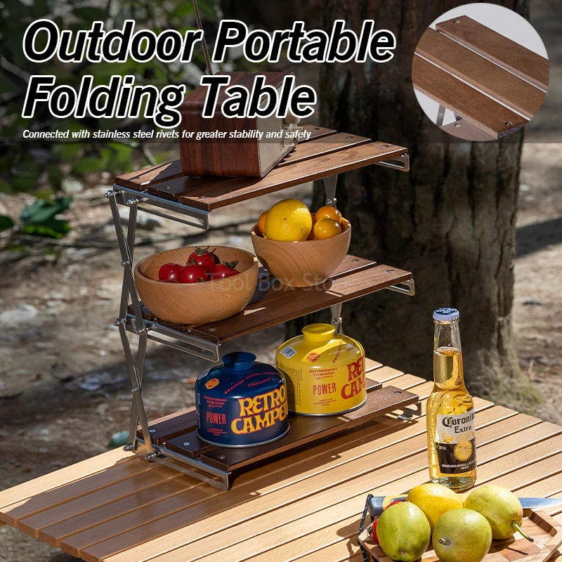 3-stage Camping Rack Wood Shelf Outdoor Portable Folding Mountain Hiker Table Picnic Barbecue Foldable Table Mini Coffee Tables