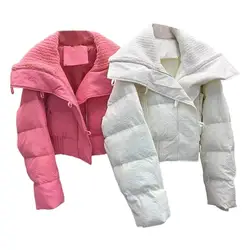 2024 Korean Chic Knit Collar Autumn Winter Coat Women Thickened Puffer Jacket Loose Parka Warm Cotton-padded Jacket Short Coats