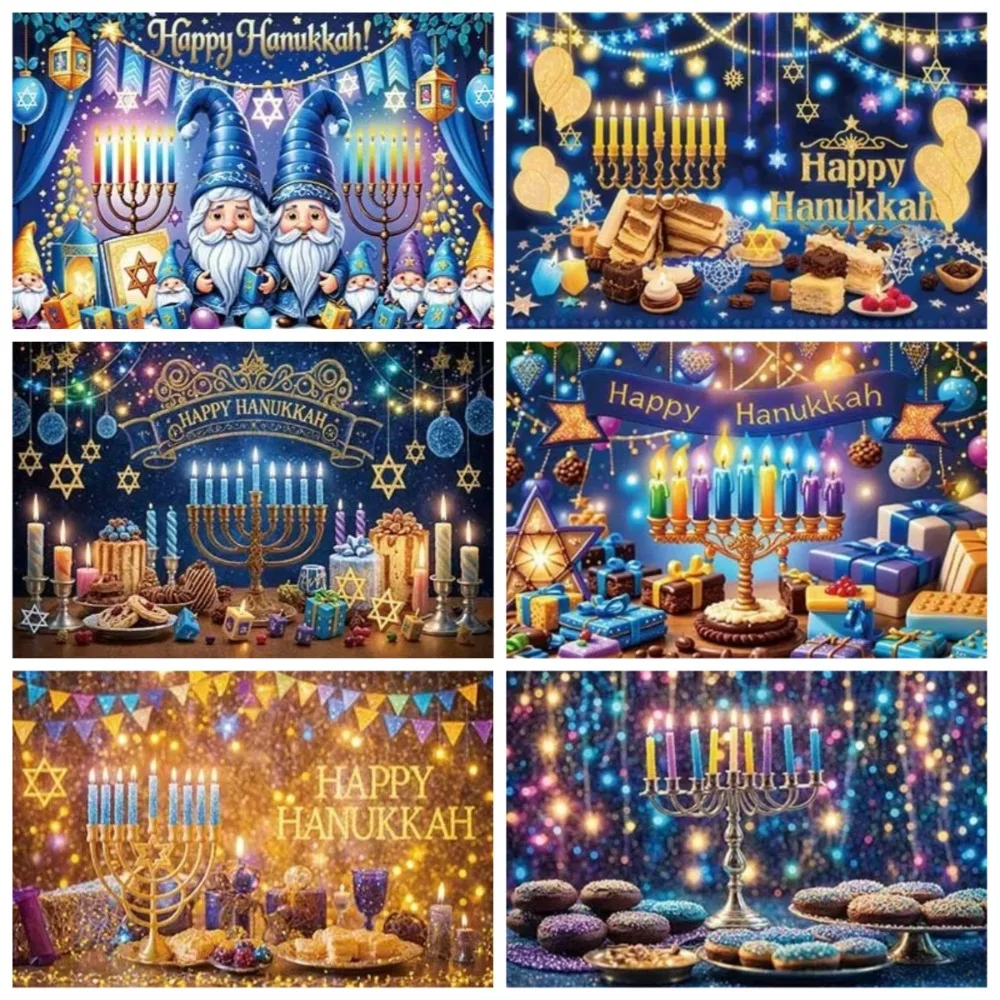 

Hanukkah Blue Gold Nine Candlestick Theme Photography Background, Adult and Children Birthday Decoration Photography Background