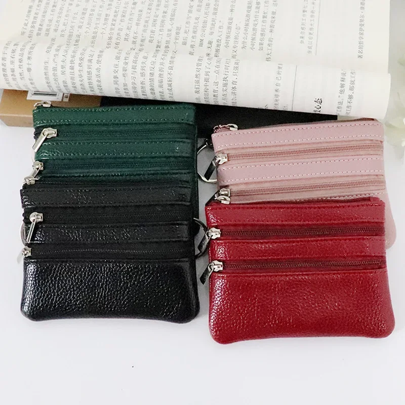 Small Soft PU Leather Coin Bags Pures for Women Three Layer Zipper Clutch Wallet Bus Bank ID Card Holder Wallet Money Bag Pouch