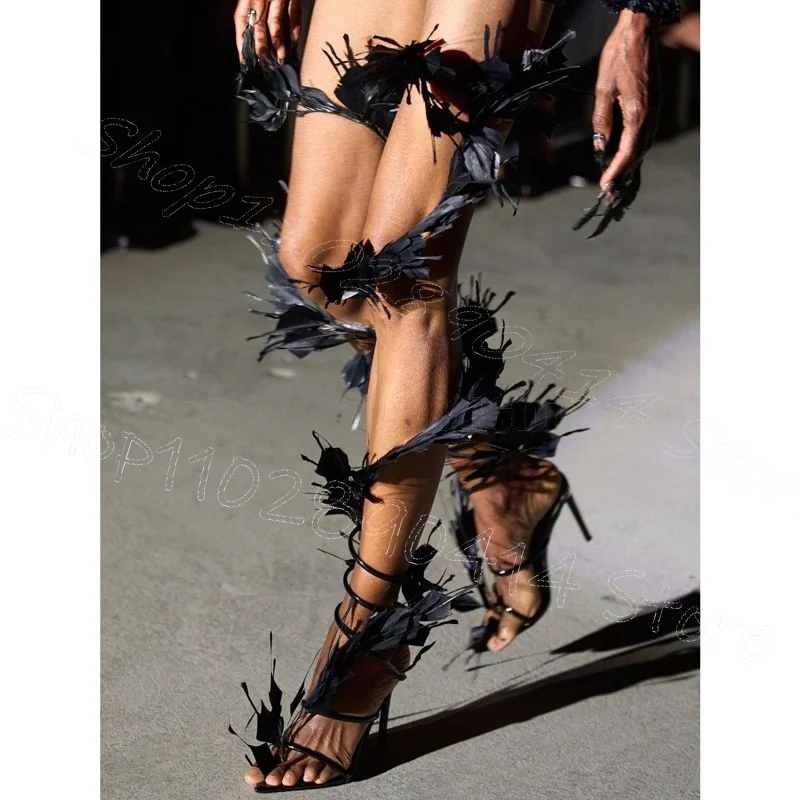 

Black Animal Wings Design Open Toe Sandals Boots Slip On Women Shoes Thin High Heels Party Feast Runway 2025 Zapatos Para Mujere