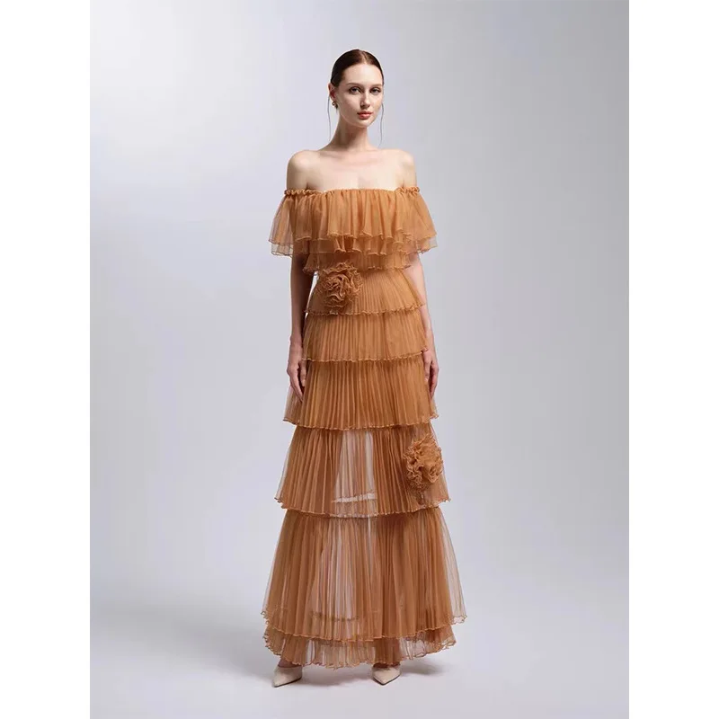 ผู้หญิง Slash คอปิดไหล่ชุดยาวฤดูใบไม้ผลิ Elegant Ruffle ชุดปาร์ตี้ฤดูร้อนแขนผีเสื้อ Boho Maxi ชุด