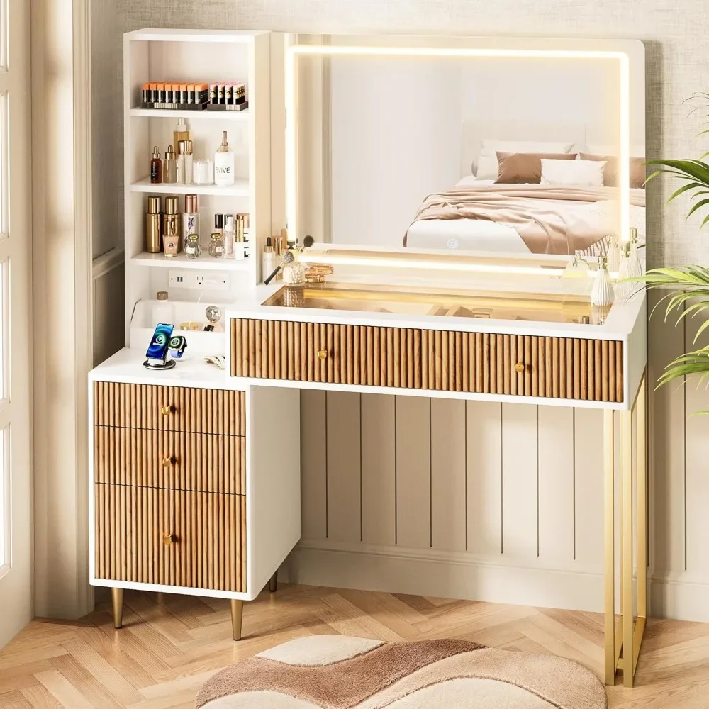 

44 Inch Vanity Desk with 32'' Lighted Mirror & Charging Station, Dressing Table with Modern Fluted Design Glass Top 5 Drawers