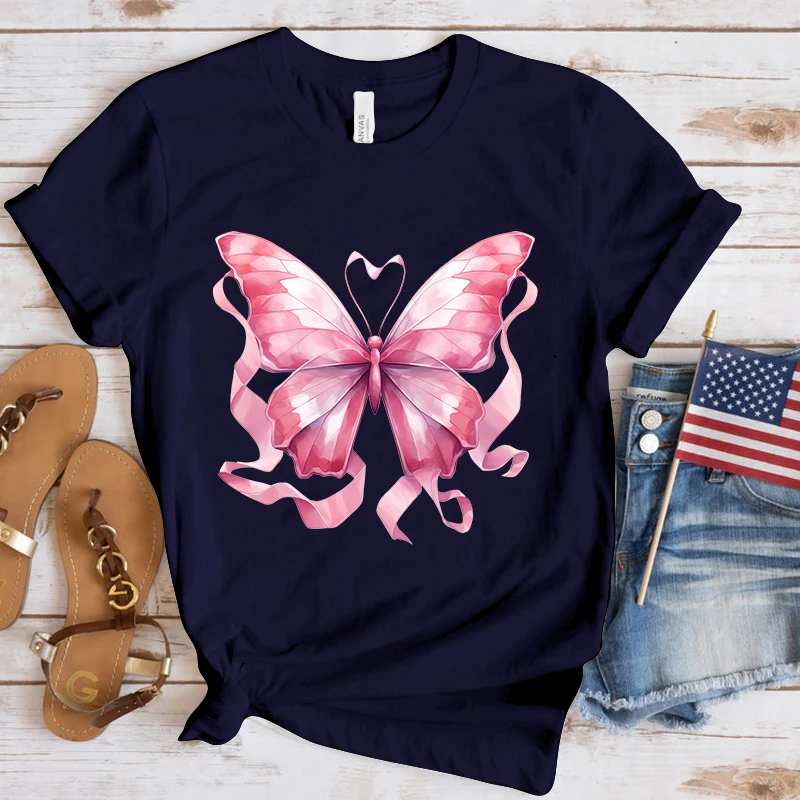 Hot Breast Cancer Awareness Butterfly Print T-Shirt Summer Casual Loose T Shirt Women Men Harajuku Shirts