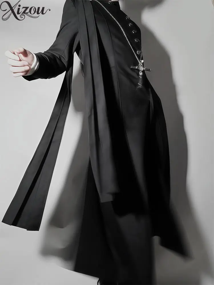 Gothic Trench Japanese Aesthetic Clergy Style Ouji Lolita Long Coat Stand Collar Button Decor Black Overcoat Autumn Winter 2026