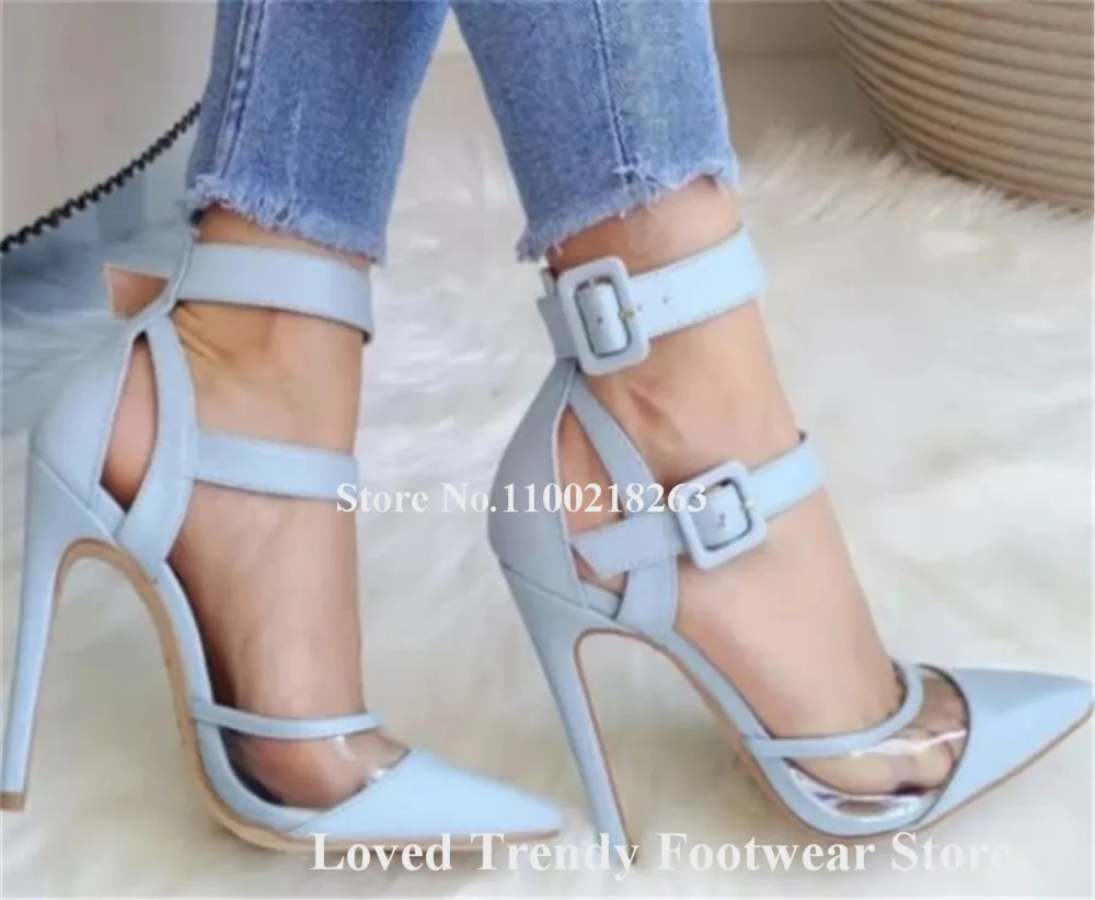

Sexy Clear PVC Patchwork Stiletto Heel Pumps Pointed Toe Blue Pink Straps Buckles Transparent Thin Heel Party Shoes