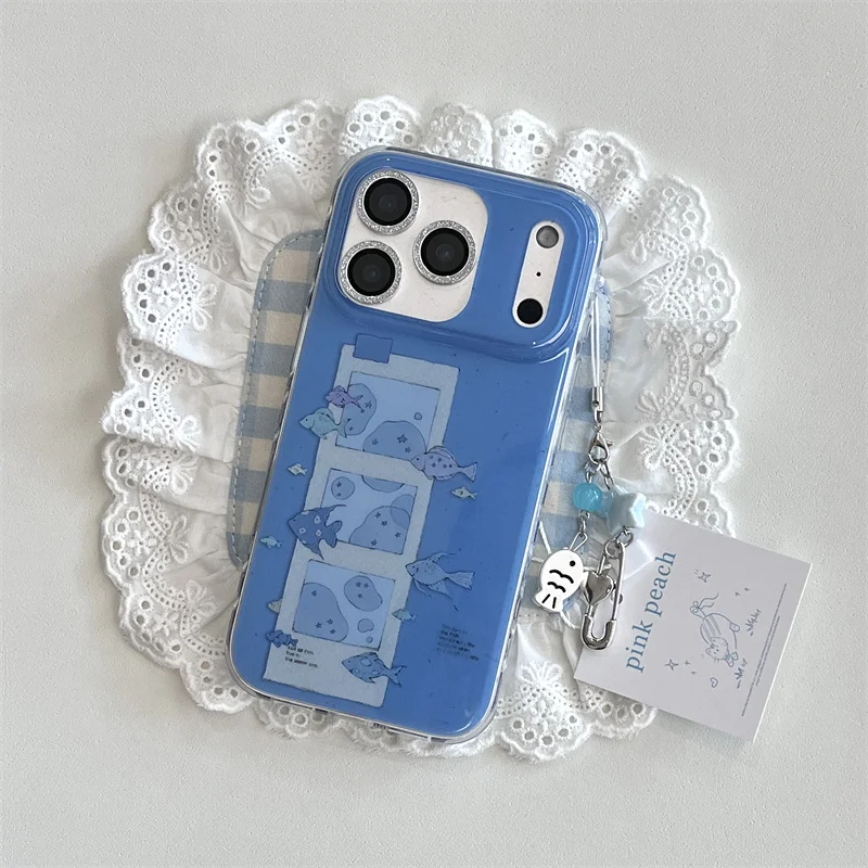 Kawaii الكرتون فقاعة الأسماك قضية الهاتف آيفون 17 برو 14 15 16 برو ماكس الغطاء الخلفي مع قلادة للصدمات لطيف واقية