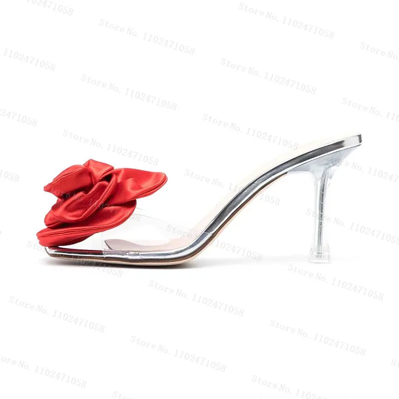 Red Rose Flowers Transparent PVC Slipper for Women, Round Toe Thin Heels, Summer Sandals, Ladies Party Dress, High Heels