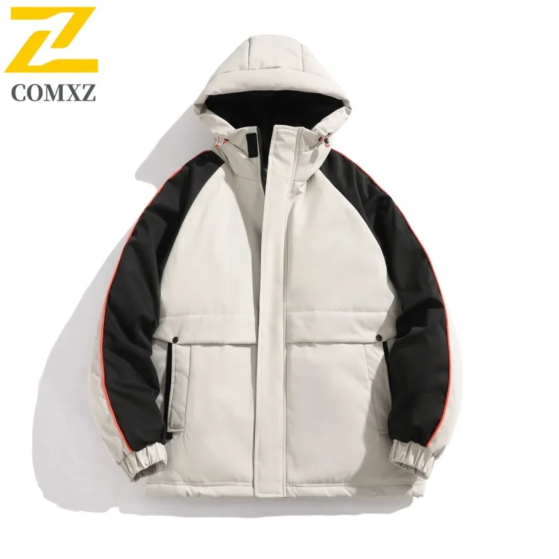 COMXZ Classic Down Jacket Hooded Splicing White Duck Down Windproof Coat Trendy Hiking Camping Lightweight Warm Winter Wear