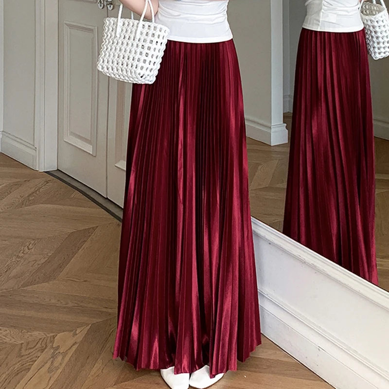 Saia longa plissada de cetim de seda brilhante moda feminina cor sólida cintura elástica a linha festa dança até o chão saia primavera verão
