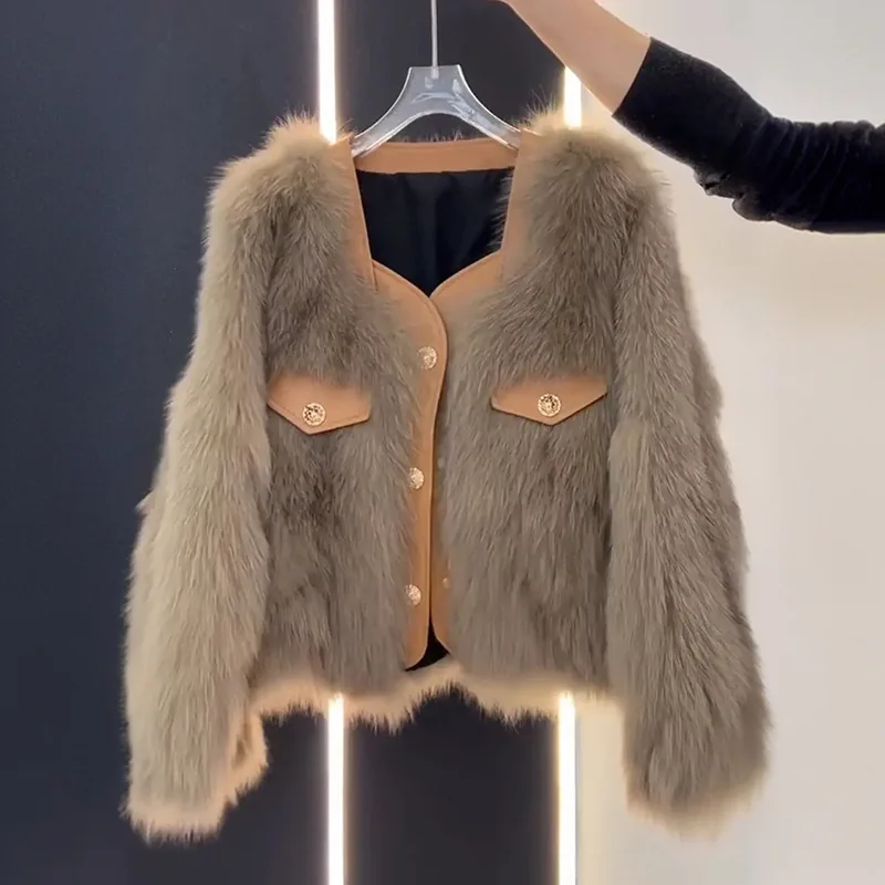 Women Faux Fur Coats Solid Fur Jackets Pocket Round Neck Long Sleeves Single Breasted Thick Warm Fur Casual 2025 Autumn Winter