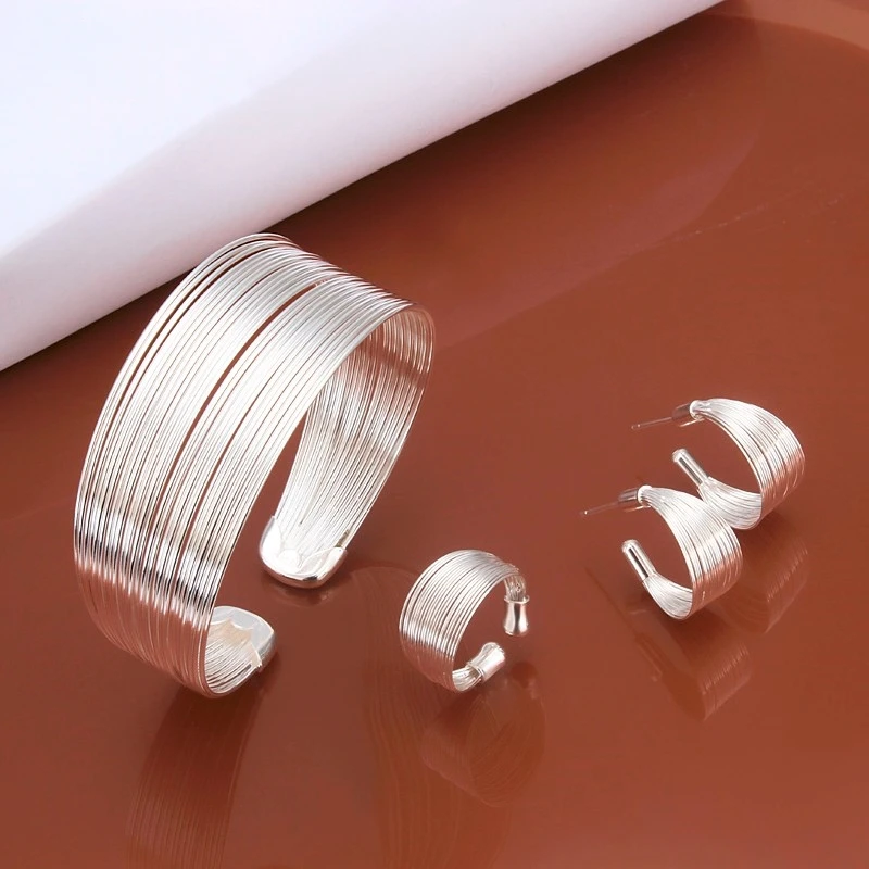 Hot Sale Women Jewelry Set Fashion Silver Color Multi-line Bangles Ring Earrings Wedding Party Gifts Drop Shipping