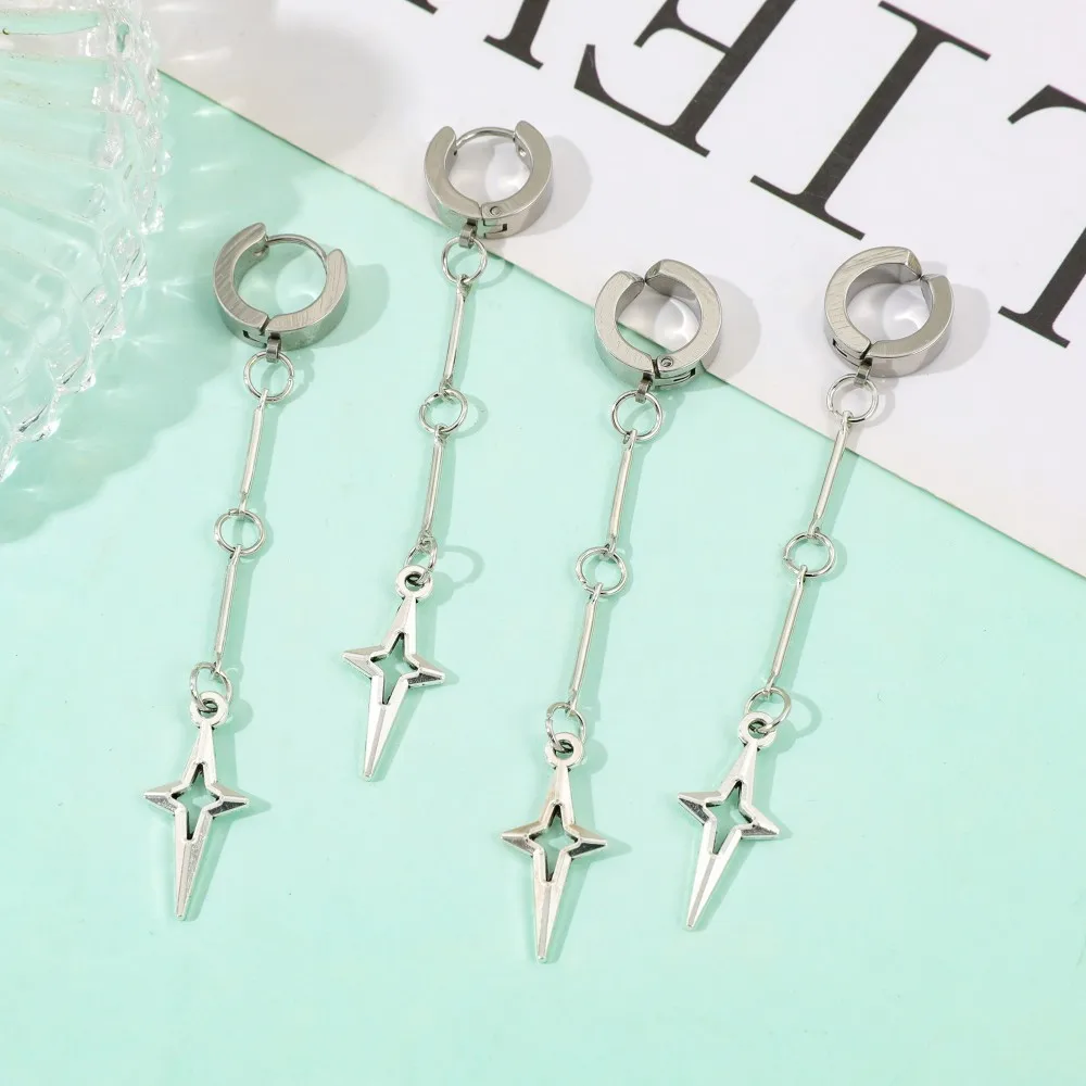 Fashion Silver Color Four-Star Tassel Long Chain Earrings Exquisite Charm Ear Clip Jewelry Accessory for Women