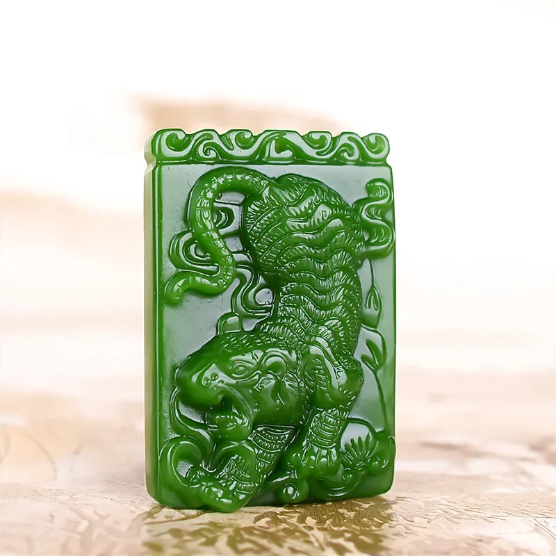 Natural GreenHand-Carved  Tiger  Pendant Tiger Jade Pendant Tiger Jade Pendant Spinach Green Jade Brand