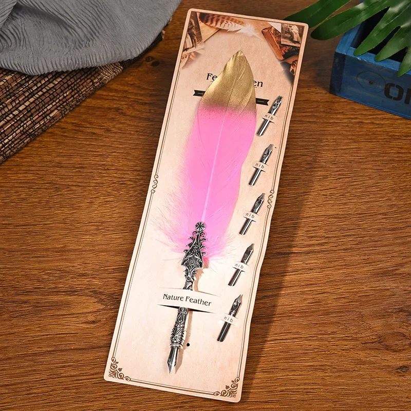 

Vintage Feather Pen Dip Fountain Pen Enterprise Business Gift Birthday Stainless Steel Signature Pen Set