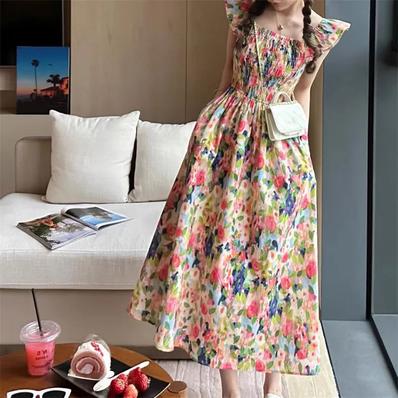 Verano algodón mujeres manga voladora dulce estampado Floral encantador vestido elegante ajustado cuello barco cintura elástica vestido Vintage Vestidos