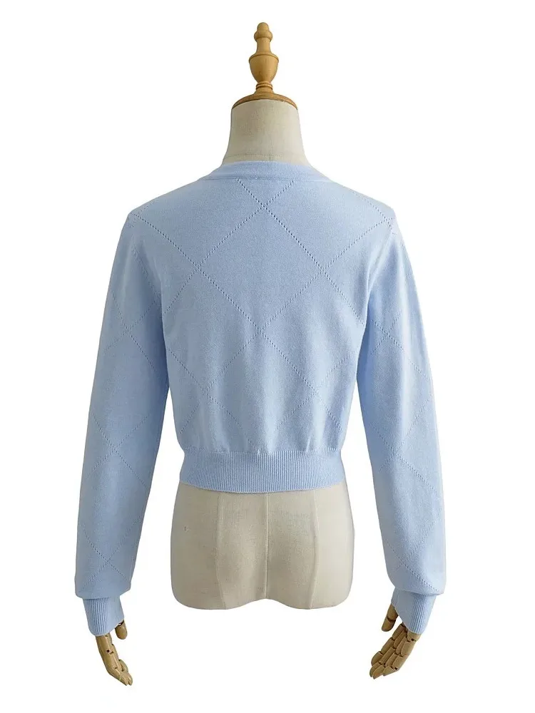 Y2K Clothes Hollow Out Hole Knitted Crop Cardigan Women Round Collar Center Buttons Long sleeve Sweater Black White Light Blue