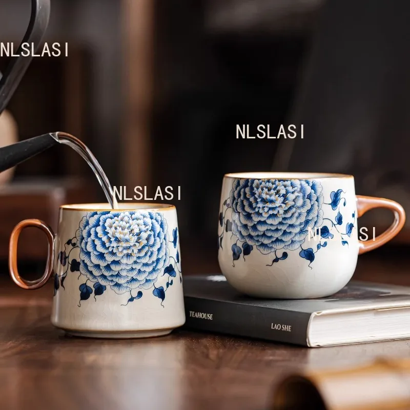 Ru Kiln Cracking Peony Mug with Handle Tea Cup Office Chinese Style Tea Cup Home Master's Cup Large Capacity Drinking Utensils