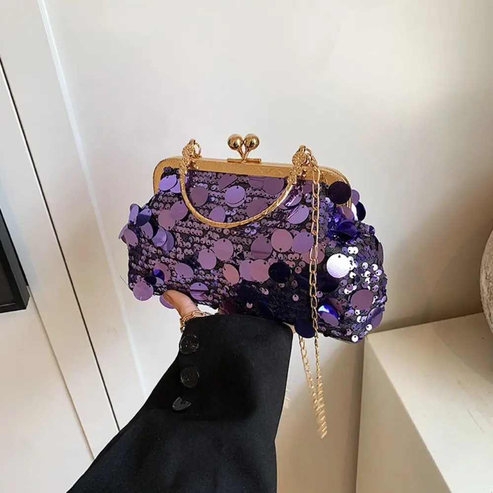 Elegant Shiny Evening Banquet Bag Glitter Lock Buckle Chain Crossbody Bag Korean Style with Round Handle Shell Bag Ladies