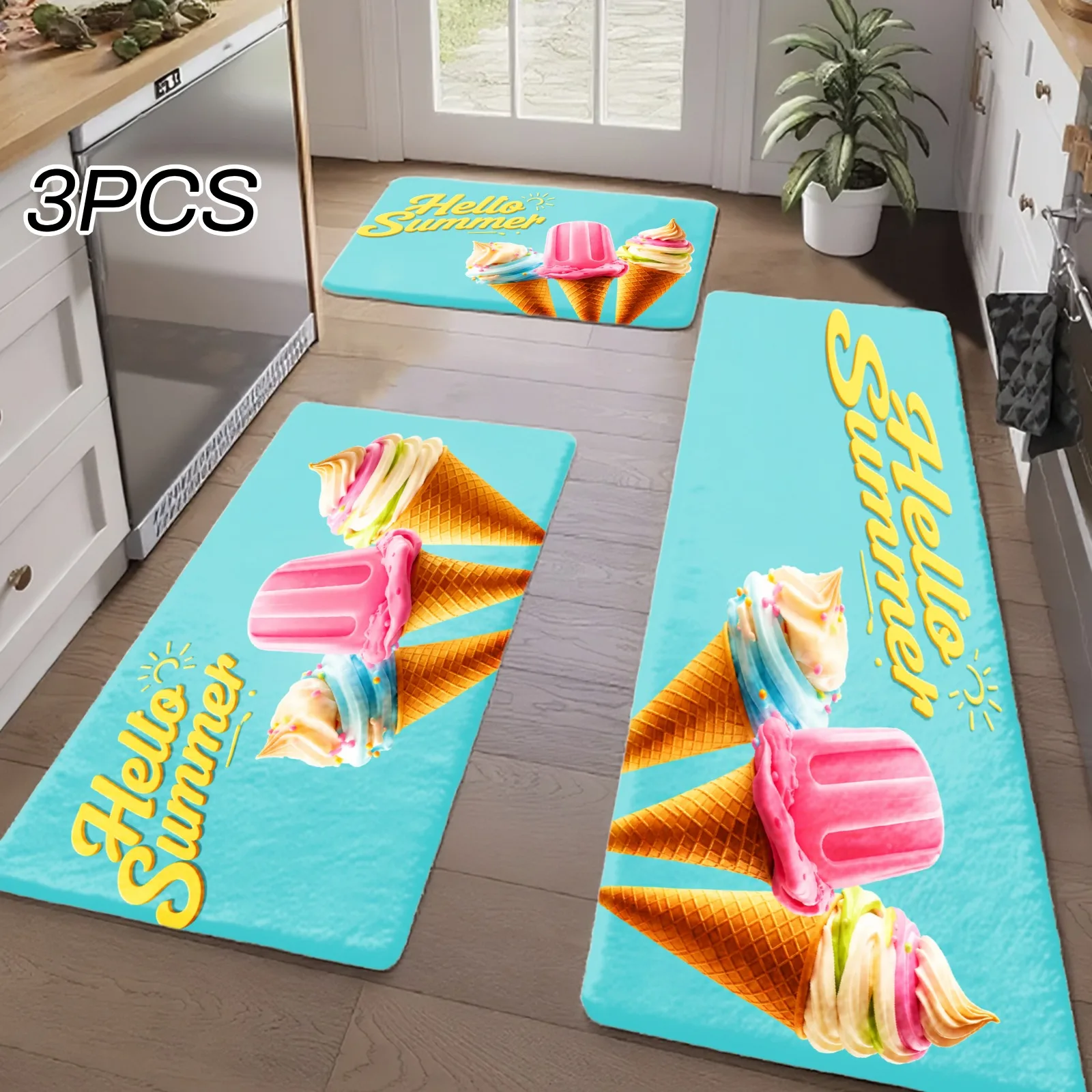 3PCS Kitchen Rugs,Home Decoration for Front Door, Kitchen, Bathroom, Hello Summer Ice Cream Pattern Print Dining Mat