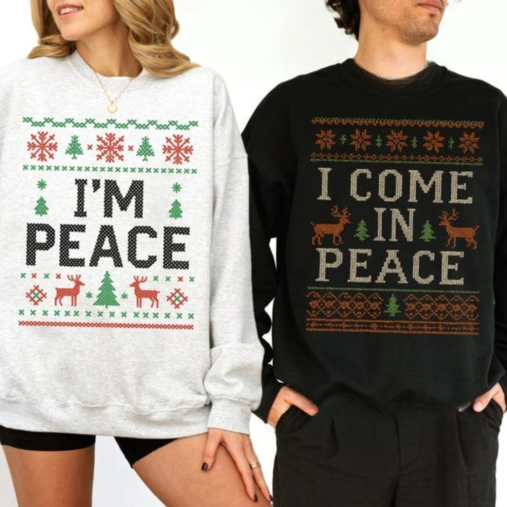 크리스마스 커플용 '나는 평화로 온다' '나는 평화다' 매칭 스웨트셔츠, 홀리데이 크리스마스 크루넥 풀오버, 재미있는 크리스마스 선물 의류