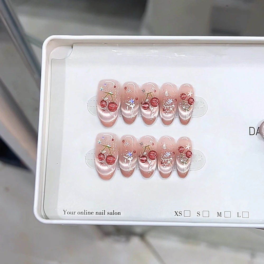 

10pcs Handmade Cute Cherry Cat Magnetic Press On Nails M/S Size Medium Oval Wearable False Nails For Daily Fashion