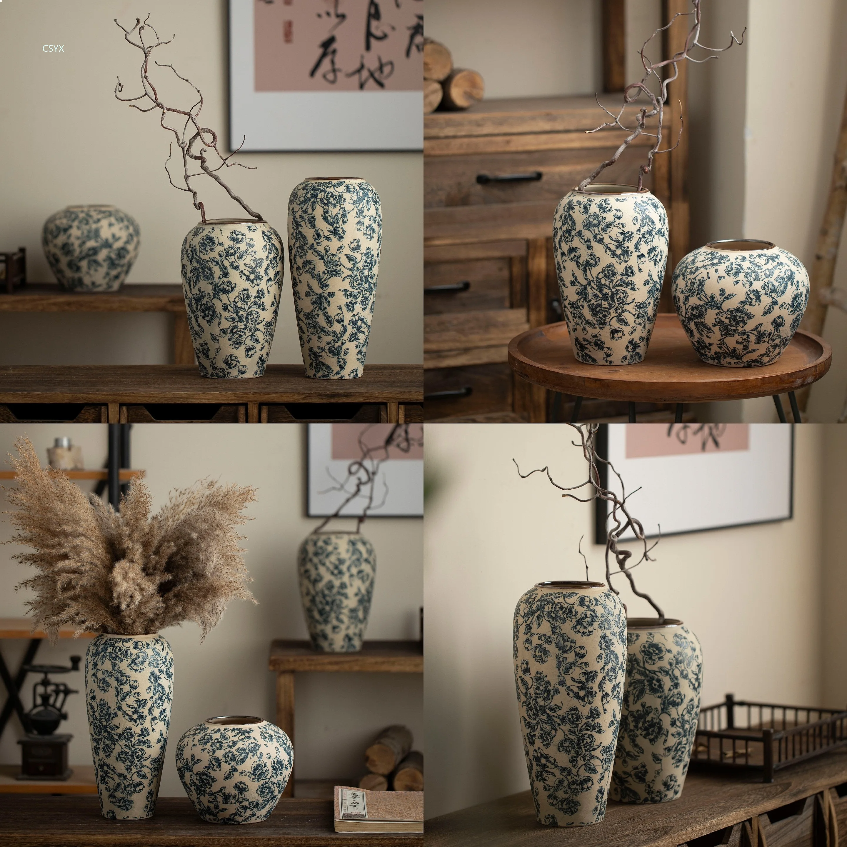Chinese Ceramic Vase Peony Decal Luxury Rustic Pottery Hotel Home Decor Gift