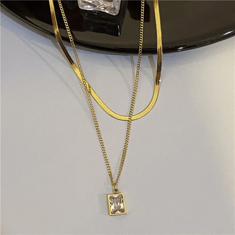 316L Stainless Steel New Fashion Fine Jewelry 2 Layer Geometry Embedded Zircon Charms Chain Choker Necklaces & Pendant For Women