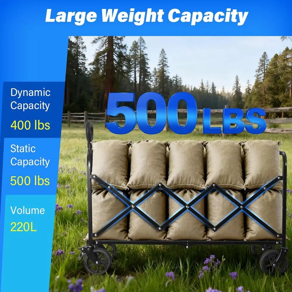 Wagon utilitaire pliable d'une capacité de 500 lb, poignée réglable et porte-boissons pour le camping, le shopping, le sport et plus encore