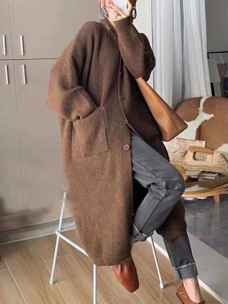 

Корейский однотонный однобортный вязаный кардиган с высоким воротом и длинными рукавами - пальто средней длины для женщин, весенне-осеннее теплое