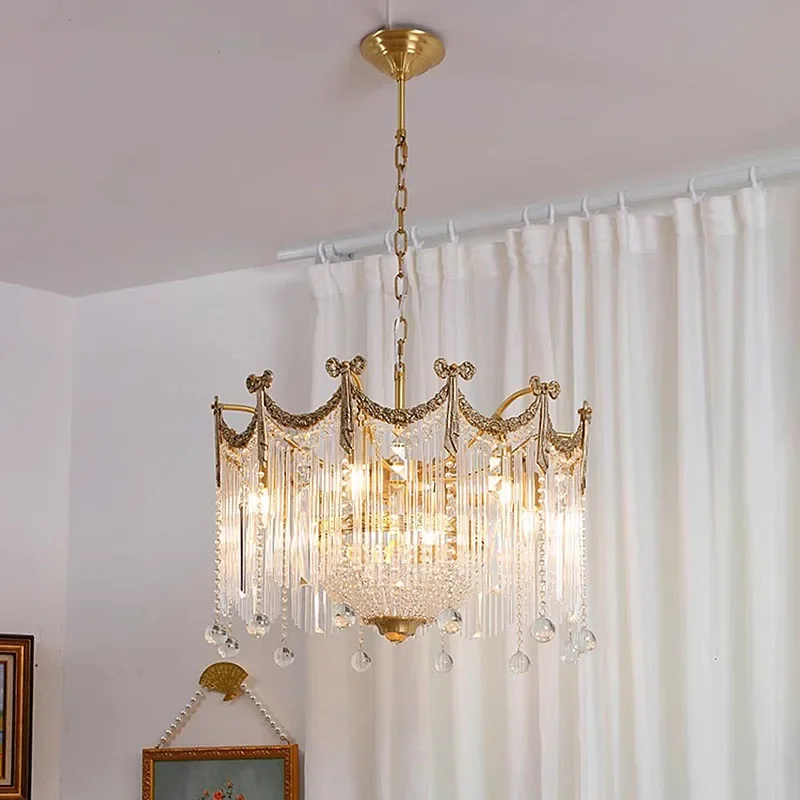 Retro Crystal Tassel Bow Design Chandelier Copper Frame Pendant Light for Living Room Dining