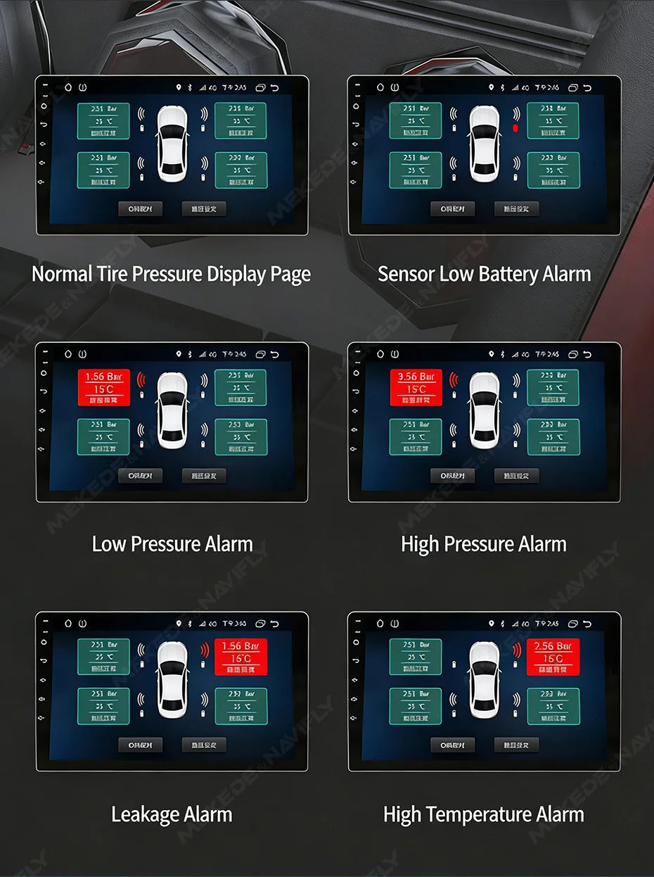 Navifly USB Android TPMS Reifendruckkontrollsystem Display Externe interne Alarmsystemsensoren für Autonavigationsradio – Detail 8