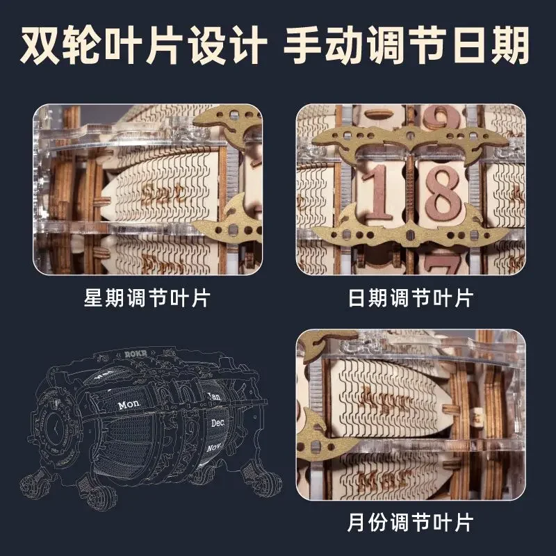 Time Engine: Calendar DIY Wooden Assembly Model Mechanical Clock, Hand-dial Mechanical Calendar